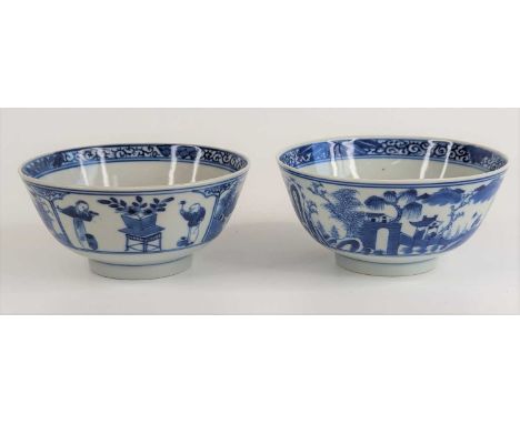 A pair of Chinese export blue and white porcelain bowls, each decorated with figures and pagodas within a landscape, four cha