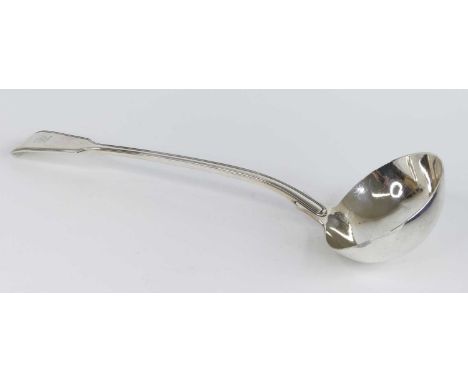 A Victorian silver soup ladle, in the Fiddle &amp; Thread pattern, having engraved budding acorn armorial to the terminal, ma