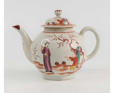 A Lowestoft porcelain teapot, circa 1790, of bullet form, enamel decorated in the 'Mandarin' pattern, h.16.5cmRestored to the