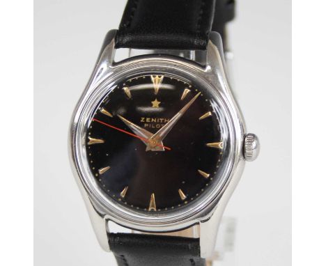 A gents stainless steel Zenith Pilot automatic wristwatch, having a round black baton dial and fitted to a black leather stra
