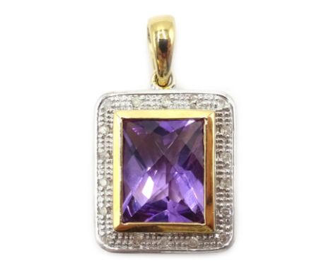 9ct gold (tested) diamond and amethyst pendant Condition Report Approx 4gm, length = 1.5cm Click here for further images, con
