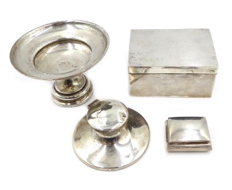 Silver box, sandalwood lined un-marked, 9cm, continental snuff box import marks, ink stand and weighted comport hallmarked (4