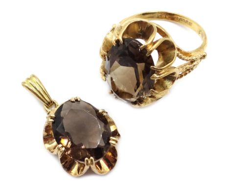 9ct gold smoky quartz ring and matching pendant, both hallmarked Condition Report ring size K-L6.8gmClick here for further im