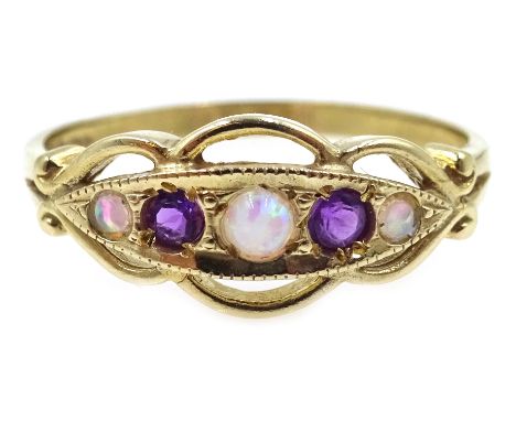 Gold opal and amethyst ring, hallmarked 9ct  Condition Report Size P, approx 1.9gmClick here for further images, condition, a