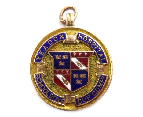 Gold and enamel medal 'Yeadon Hospital School Boys Cup Comp', hallmarked 9ct, approx 9gm Condition Report Click here for furt