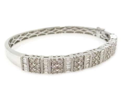 White gold baguette and round brilliant cut diamond hinged bangle, stamped K18, diamonds 2.88 carat Condition Report Click he