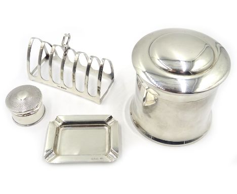 Edwardian silver canister, silver toast rack, ashtray and engine turned bottle lid approx 11.8oz Condition Report Click here 