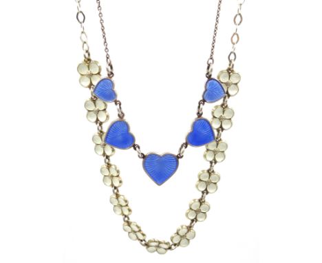 Danish silver and guilloché enamel heart design necklace by Volmer Bahner & Co, stamped VB Sterling Denmark and Norwegian sil