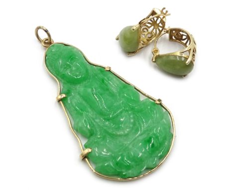 Gold mounted carved jade Buddha pendant and pair of 9ct gold green stone set earrings, hallmarked Condition Report Ear-rings 
