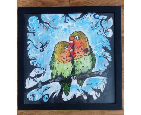 Tin Stanton, "Love Birds", framed acrylic on canvas board, 33 x 33cm, c. 2018. Love Birds - Acrylic painting on canvas board 
