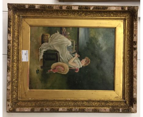 Continental School (19th century):Portrait of a lady in a garden, oil on canvas, signed lower right, H 29 x W 22 cm