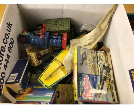 A box of toys to inc a pond yacht, robot, boxed cars etc