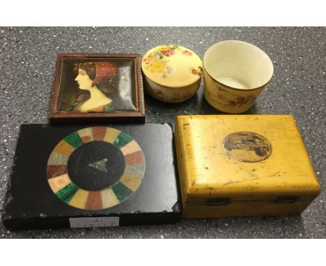 A Royal Worcester floral pot and trinket box; together with a pietra dura fly in circle and boxes
