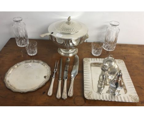 An EPNS soup tureen, cover and ladle, trays, cruet and decanters