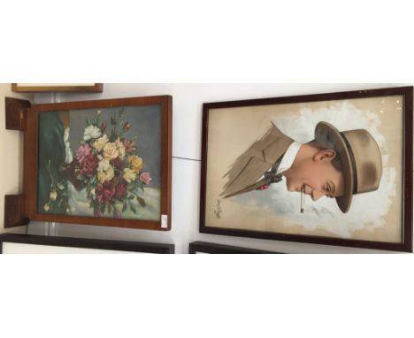 An oil on board depicting a still life of flowers, set within a freestanding frame; together with a gouache portrait of a smo