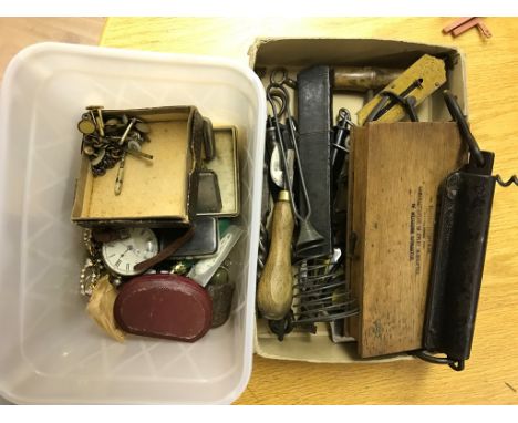 A box of items to inc corkscrews, AA badge, jeweller's scales etc