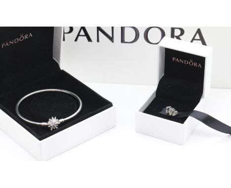 Original Pandora 925 silver bangle with bead charm and another boxed Pandora bead charm with an original Pandora bag 14g. P&a