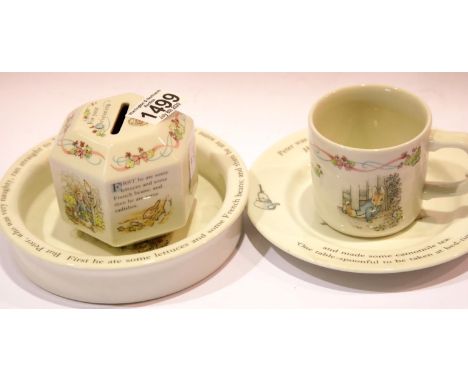 Four items of Wedgwood Peter Rabbit nursery ware.  P&amp;P Group 2 (£18+VAT for the first lot and £2+VAT for subsequent lots)