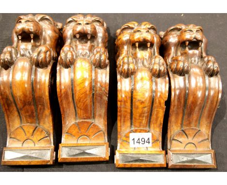 Four good carved lion corbels H: 28 cm. P&amp;P Group 2 (£18+VAT for the first lot and £2+VAT for subsequent lots) 