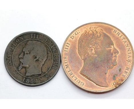 William IV 1835 pattern Piedfort copper crown, Napoleon III, Ten Centimes coin 1854. P&amp;P Group 2 (£18+VAT for the first l