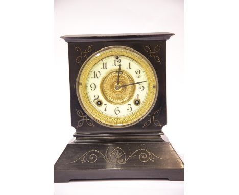 American Ansonia New york slate mantel clock with pendulum. P&amp;P Group 3 (£25+VAT for the first lot and £5+VAT for subsequ