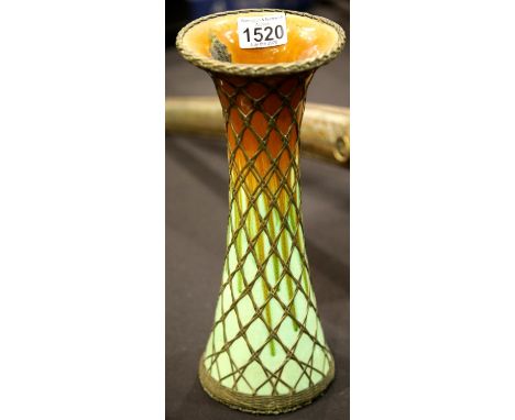 Large brass bound ceramic trumpet vase, H: 33 cm. P&amp;P Group 2 (£18+VAT for the first lot and £2+VAT for subsequent lots) 