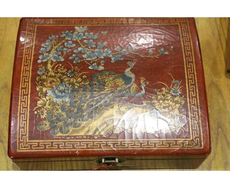 Red lacquered Chinese four bottle wine box, 45 x 40 x 15 cm. P&amp;P Group 3 (£25+VAT for the first lot and £5+VAT for subseq