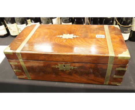 Large brass bound walnut writing case, lacking interior, 26 x 50 x 21 cm H. P&amp;P Group 3 (£25+VAT for the first lot and £5