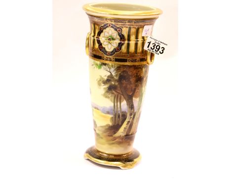 Vintage Noritake hand painted woodland scene vase with false twin handles, H: 30 cm. P&amp;P Group 2 (£18+VAT for the first l