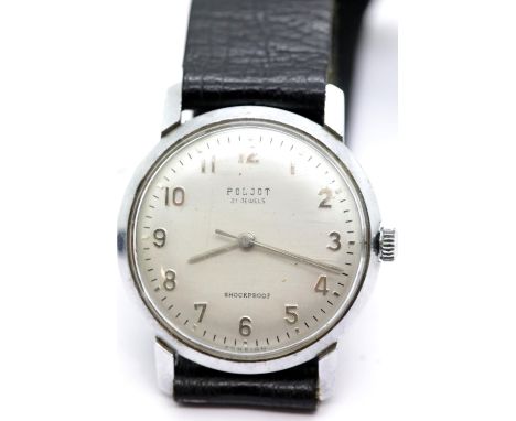 Vintage mechanical movement Poljot 21 jewel stainless steel wristwatch with leather strap. P&P Group 1 (£14+VAT for the first