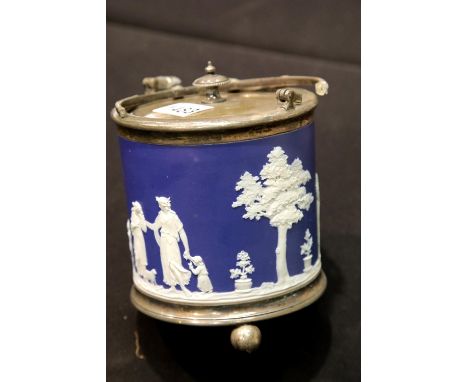 Chrome plated Wedgwood blue jasperware biscuit barrel with broken handle.  P&amp;P Group 2 (£18+VAT for the first lot and £2+