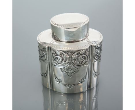 EDWARDIAN SILVER TEA CADDY
maker Atkin Brothers, Sheffield 1903, of quatrefoil form with embossed scrolling panels and mistle