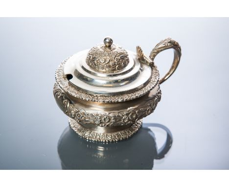 GEORGE IV SILVER TABLE MUSTARD POT
maker Joseph Angell I, London 1825, embossed and chased with floral and foliate design, sc