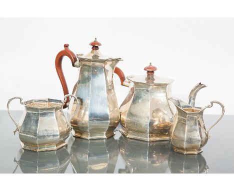 SILVER FOUR PIECE TEA SERVICE
maker Roberts & Belk Ltd., Sheffield 1947, of squat octagonal form, approximately 1562g, hot wa