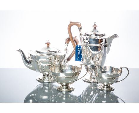 GEORGE V SILVER FOUR PIECE TEA SERVICE
maker Mappin & Webb Ltd., Birmingham 1916, teapot with prsentation inscription, approx