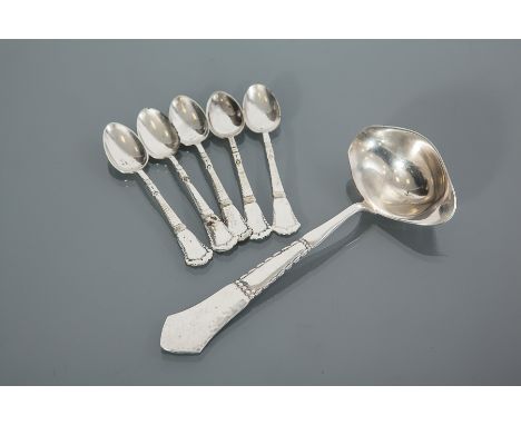 DANISH SILVER SAUCE LADLE
maker Torben Bang, Copenhagen circa 1945-1975, double lipped bowl and planish handle, 18.5cm long; 