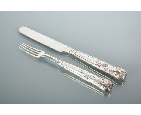 MATCHED SET OF VICTORIAN SILVER KINGS PATTERN DESSERT KNIVES AND FORKS
twelve forks and nine knives maker Martin, Hall & Co.,