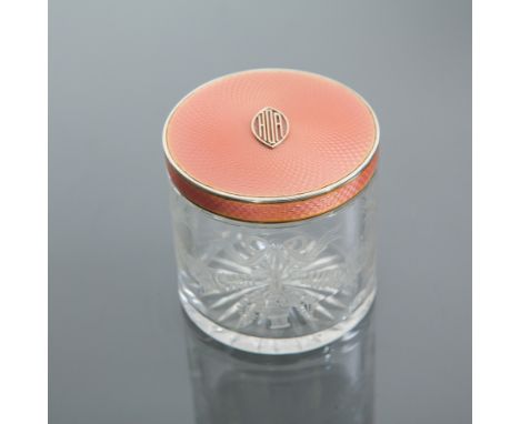 SILVER AND PEACH GUILLOCHE ENAMEL DRESSING TABLE JAR
maker Finnigans Ltd., London 1929, enamel lid mounted with silver monogr