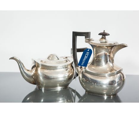 SILVER TEAPOT AND HOT WATER POT
maker Barker Brothers Silver Ltd., Birmingham 1937-38, each engraved with initial 'M', teapot