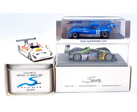Spark, a boxed 1:43 scale group to include SCMG06 MG-Lola 257 #27 Le Mans 2002, SCLA04 Lola T98/10 Repsol Le Mans 1999 Circui