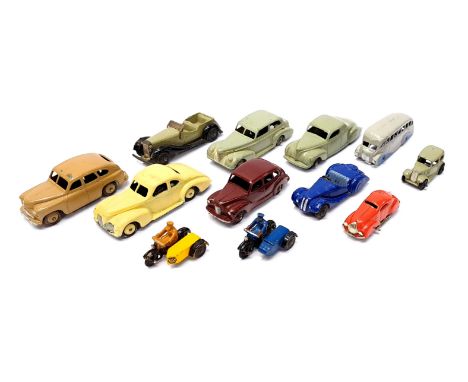 Dinky and similar, an unboxed Mixed Car, Motorcycle and Bus group to include 39f Studebaker (Smooth Hubs), 36f British Salmon