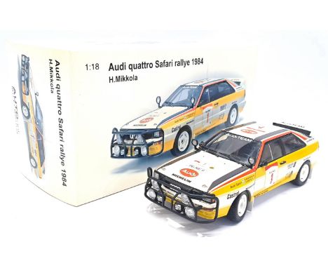 Autoart, a boxed 1:18 Scale Audi Quattro Safari Rallye 1884 "H. Mikkola" 88401. Although not checked for completness conditio