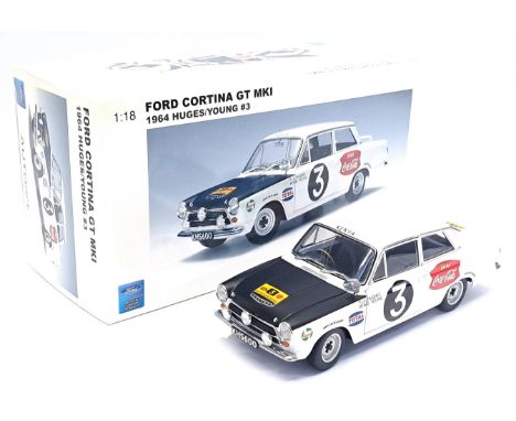 Autoart, a boxed 1:18 Scale Ford Cortina GT MK I Rally 1964 "Huges/Young #3" (Rally Safari). Although not checked for complet