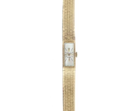 Goldene Vintage-Damenarmbanduhr  IBF, Incabloc. 585/f. Gold. Rechteckig mit hellem Zifferblatt und teilweise satiniertem Gold