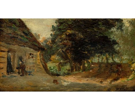 Leistikow , Walter (Bromberg, Berlin 1865-1908) Sommerlandschaft mit Kate und Figuren   Monogr. W. L. Öl auf Karton. 8,5×15,5
