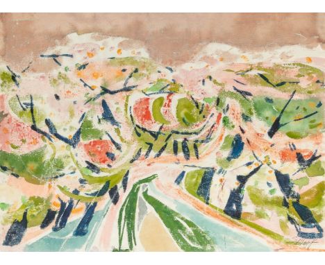 Hopf, Eduard (Hanau, Hamburg 1901-1973) Apfelblüten im Alten Land  Sign. Aquarell auf Hahnemühle-Bütten. 48,5×63 cm. Rücks. a
