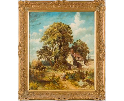 Englischer Maler (um 1930) , nach älterem VorbildFarmhaus unter Bäumen  Pferdefuhrwerk und Bäuerin mit Kind. Schwer lesbar si