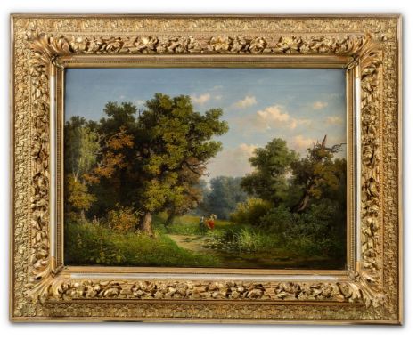 Hampe, Wilhelm (1817-?) Galantes Paar in Landschaftsgarten  Sign. Öl auf Lwd. 62,5×89 cm. (Retuschen, leichtes Krakelee). R. 