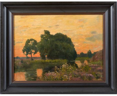 Lei, W. (um 1937) Abendrot  über Moorlandschaft mit Baumgruppe und Kanal. Sign. u. dat. Öl auf Lwd. 51×68 cm. R. (57518)
