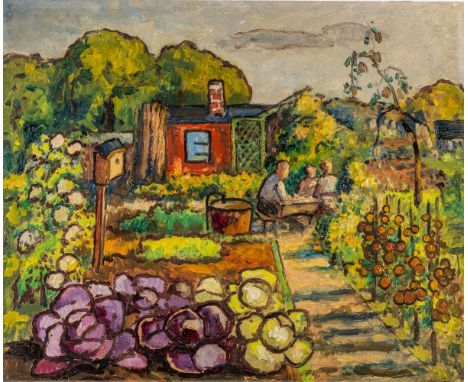 Helberger, Alfred (Eberstadt, Berlin 1871-1946) "Gartenlaube in Baumgartenbrück"  Sign. Öl auf Malkarton. 49,5×60 cm. Rücks. 